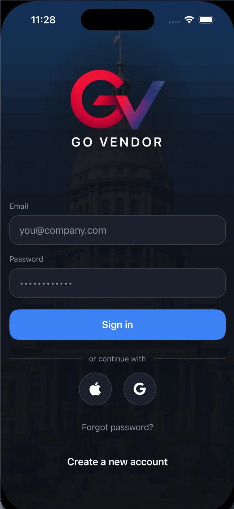 GoVendor mobile app sign-in and account creation screen